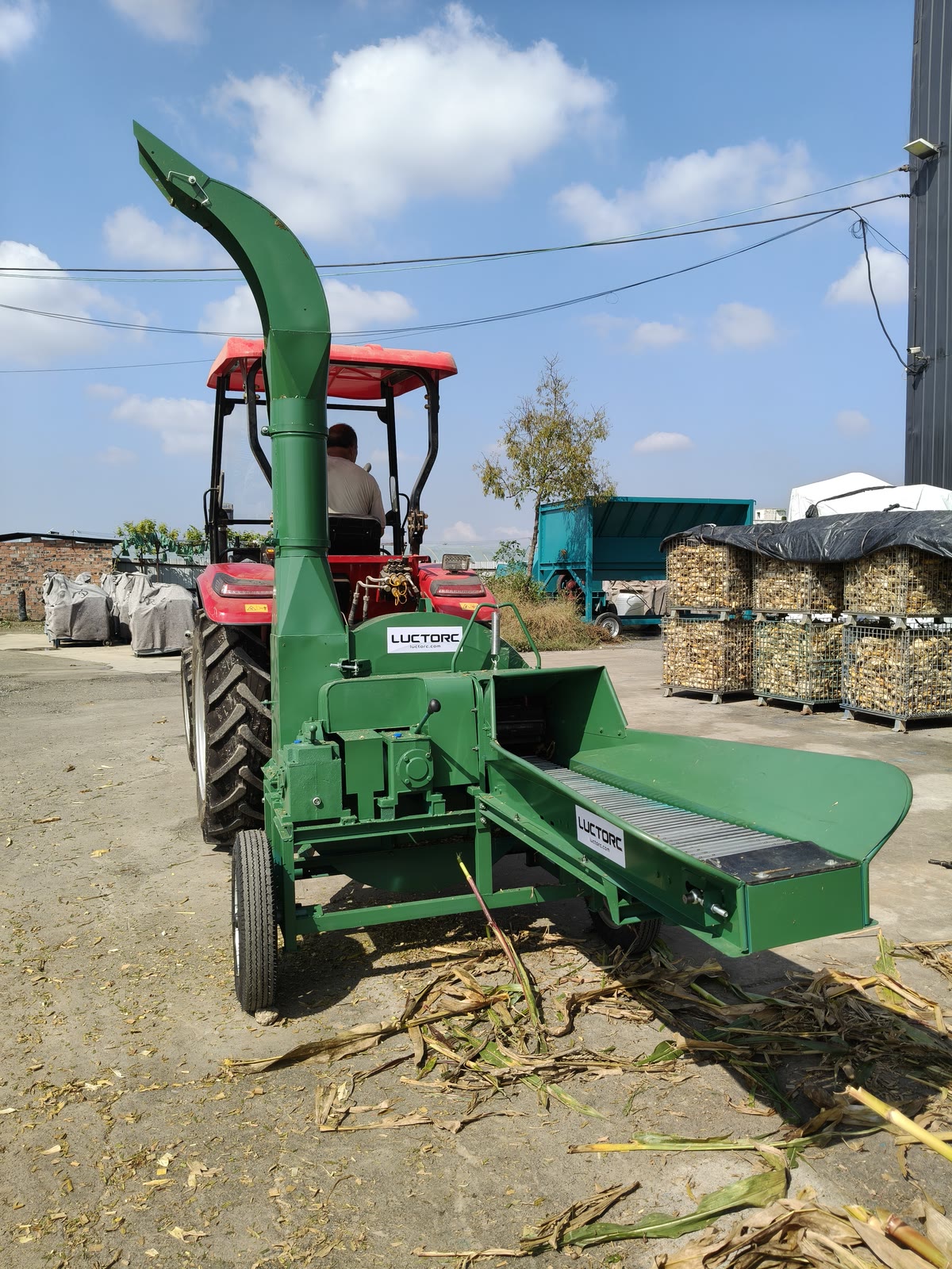Front-angle view of the 9Z-8T chaff cutter connected to the tractor for PTO testing