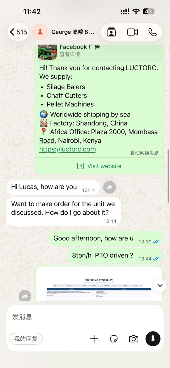 WhatsApp exchange in which George says he wants to order the previously discussed unit and LUCTORC confirms the 8-ton-per-hour PTO-driven configuration